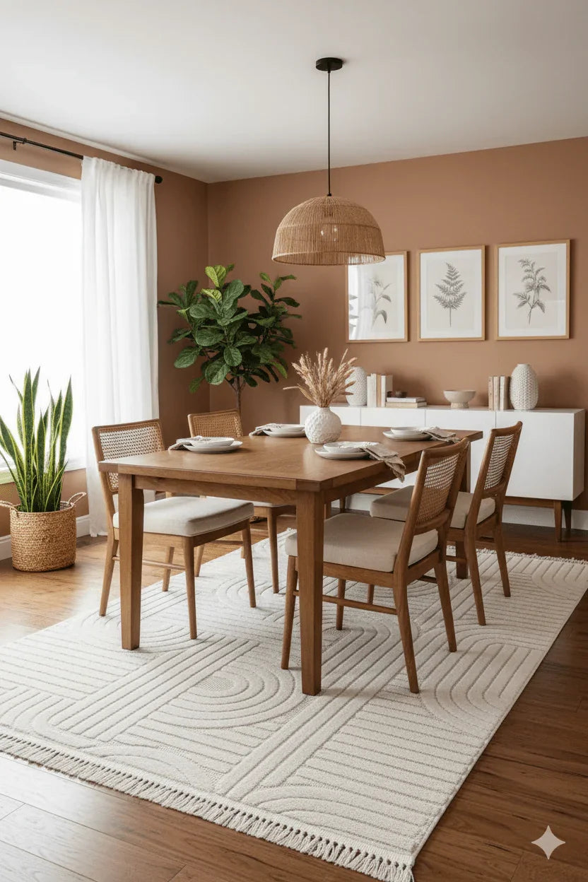 Ahşap masa etrafında bej yastıklı sandalyelerle doğal tonlarda modern yemek odası iç mekan