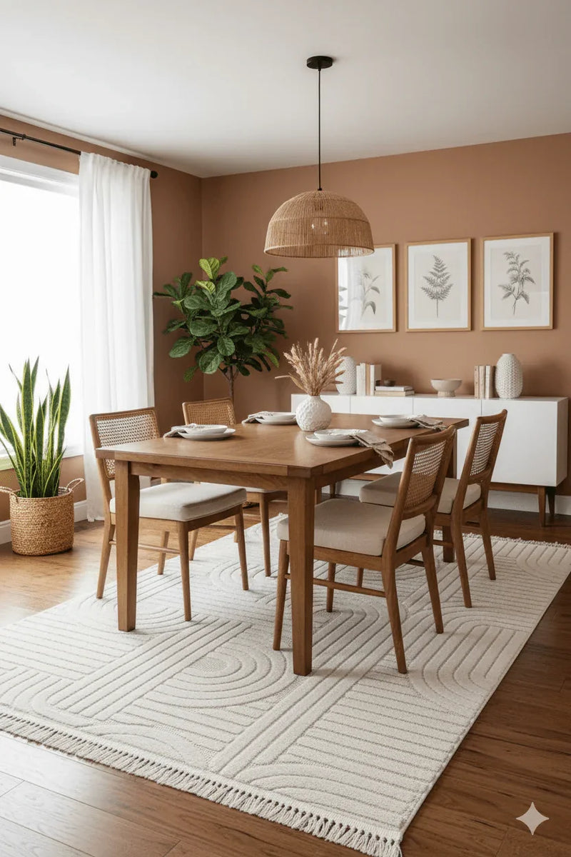 Ahşap masa etrafında bej yastıklı sandalyelerle doğal tonlarda modern yemek odası iç mekan