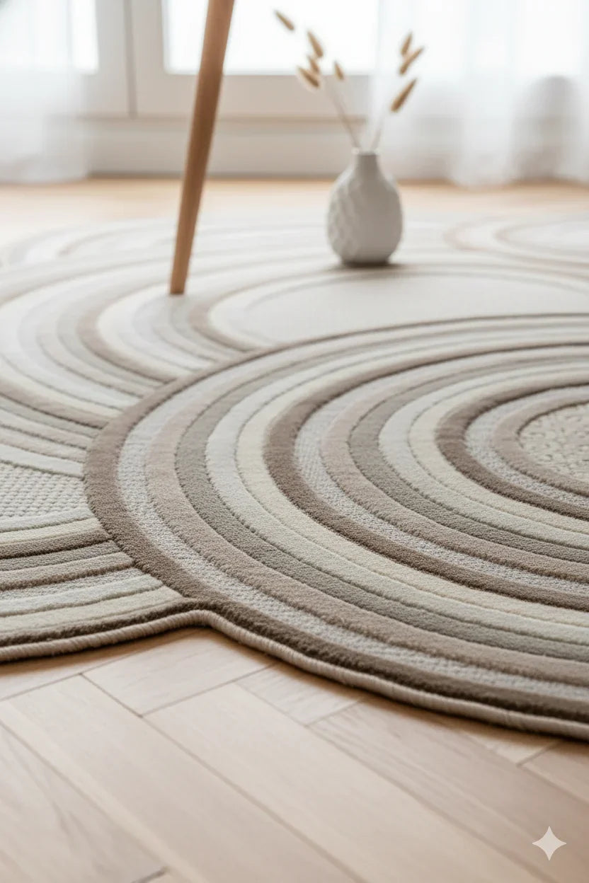 Ahşap zemin üzerinde dairesel desenli nötr tonlarda modern halı ve beyaz vazo
