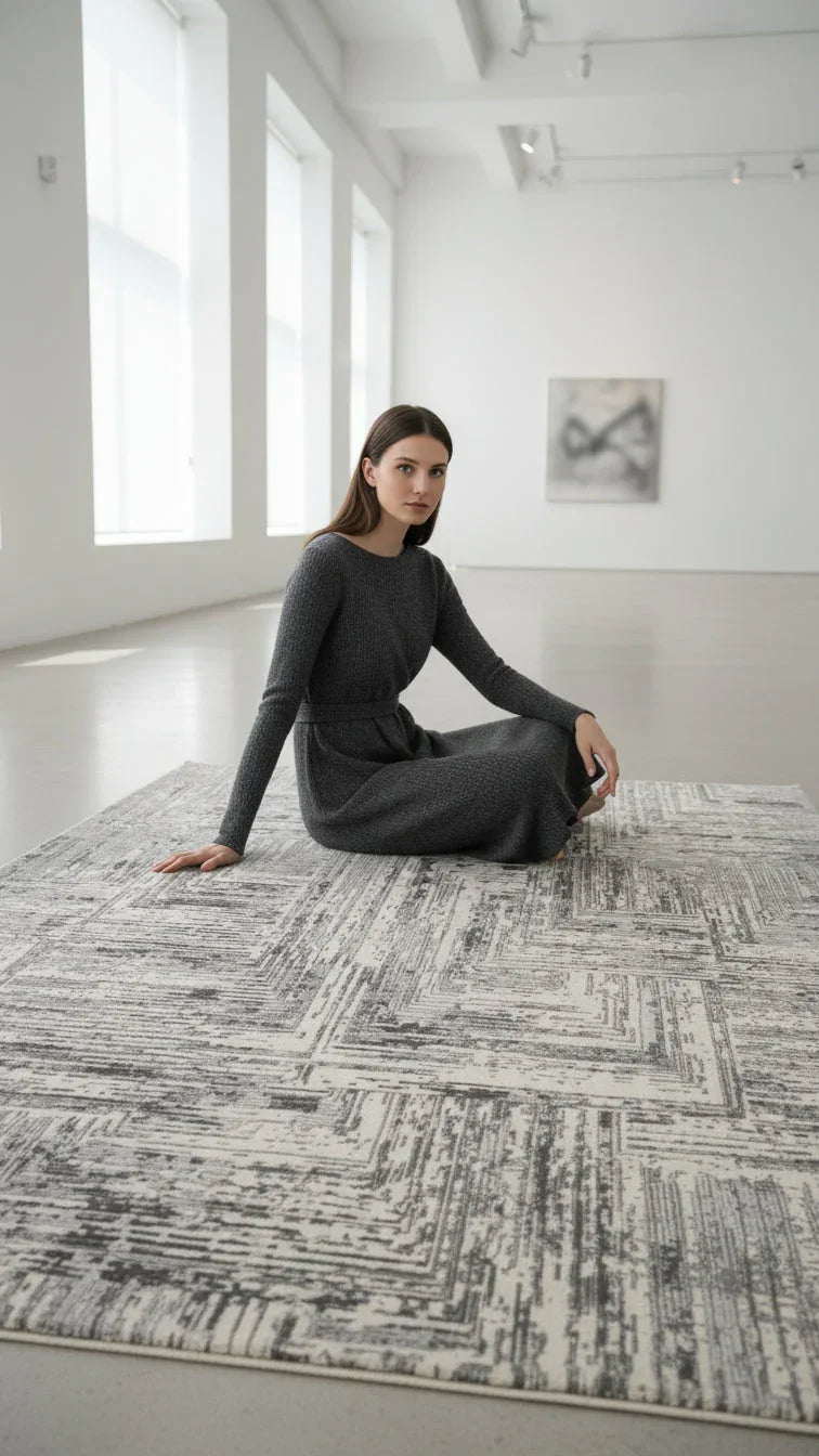 Modern beyaz gri halının üstünde oturan koyu gri örgü elbise giymiş kadın