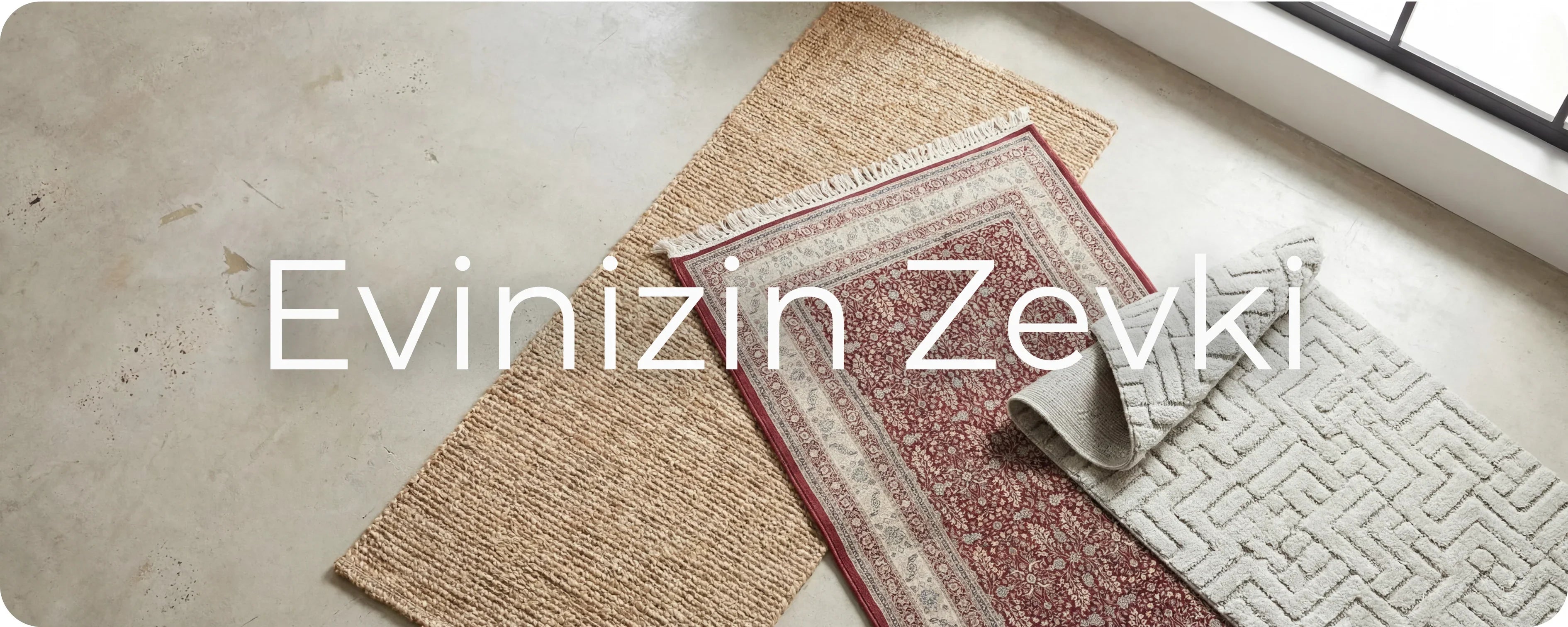 Doğal jüt, klasik kırmızı desenli ve gri modern halılar açık zeminde