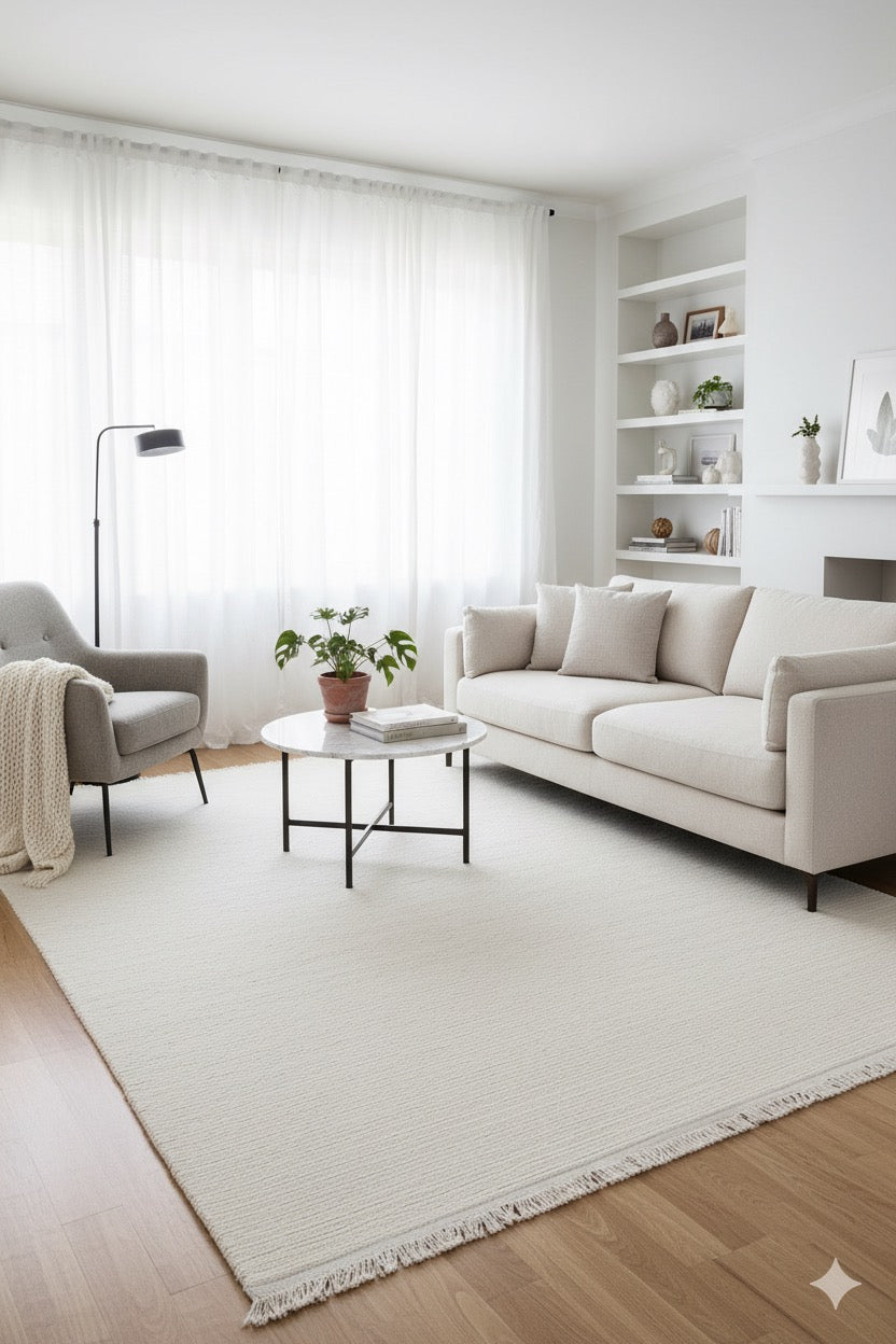 Modern beyaz çizgili halı, krem koltuk, gri berjer ve sehpa ile aydınlık oturma odası