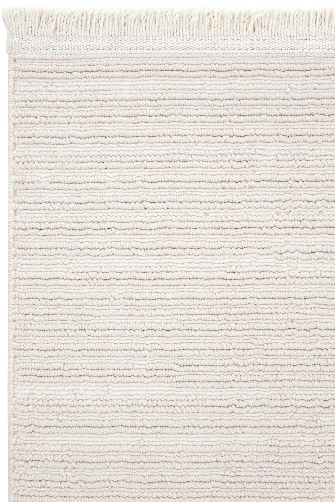 Krem rengi dokulu modern dekoratif halı, kabarık iplik detayları ve püsküllü kenar