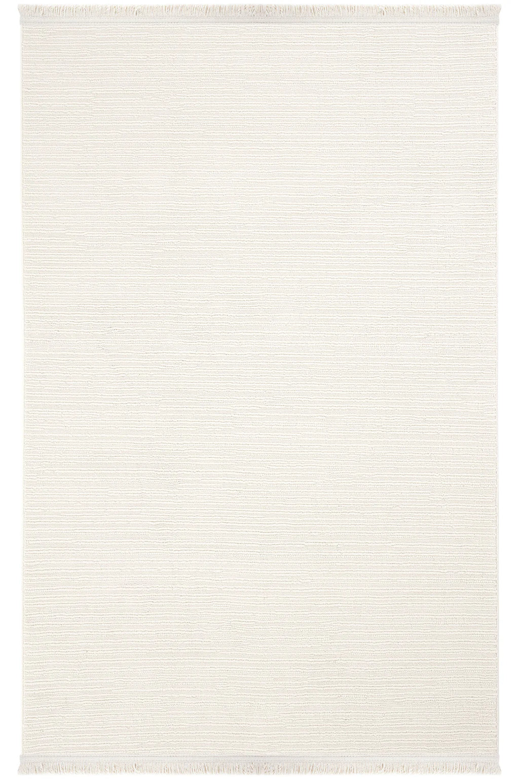 Beyaz ve krem tonlarında ince çizgili, saçak detaylı modern dekoratif halı