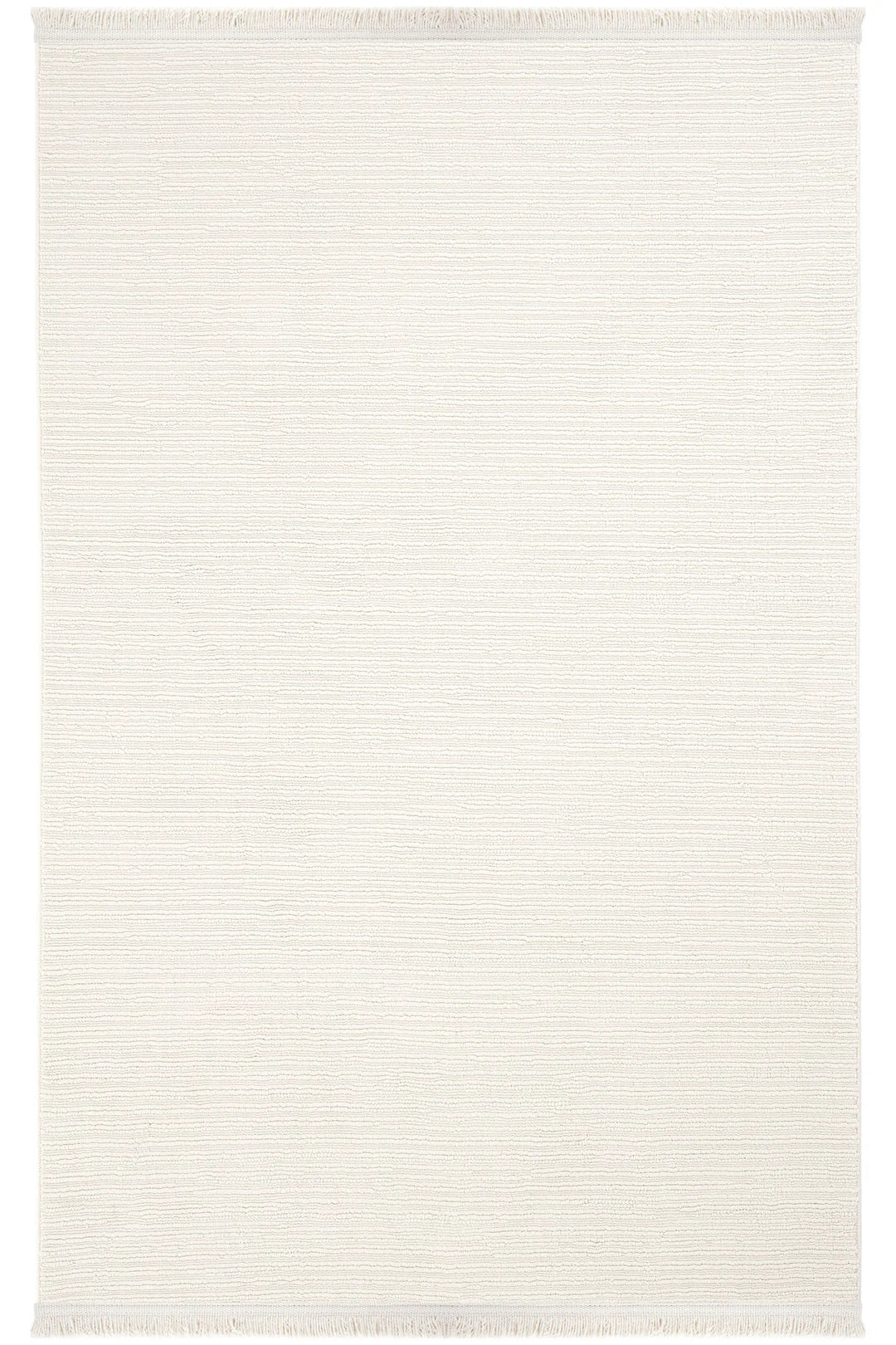 Beyaz ve krem tonlarında ince çizgili, saçak detaylı modern dekoratif halı