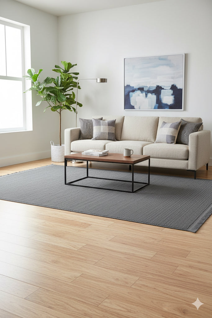 Modern bej koltuklu oturma odası, gri halı, kahverengi sehpa, yeşil bitki ve soyut tablo