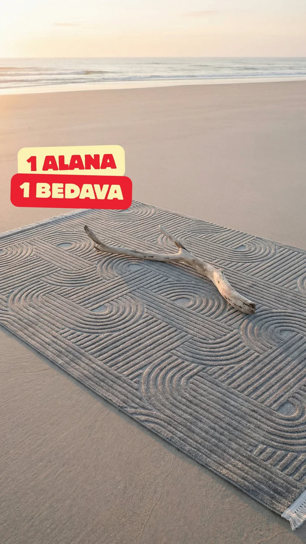 Oval desenli gri halı, sahilde kum üzerinde, üzerinde kurumuş ağaç dalı, 1 alana 1 bedava kampanyası