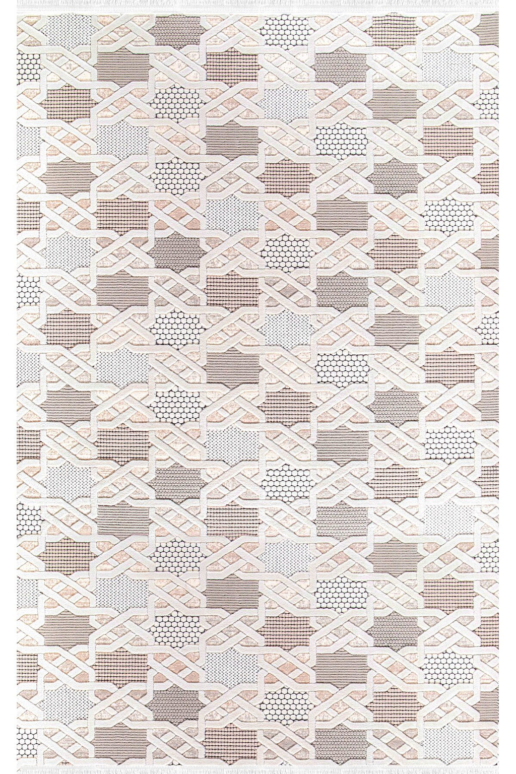 Bej, kahverengi ve beyaz renklerde geometrik desenli modern halı tasarımı