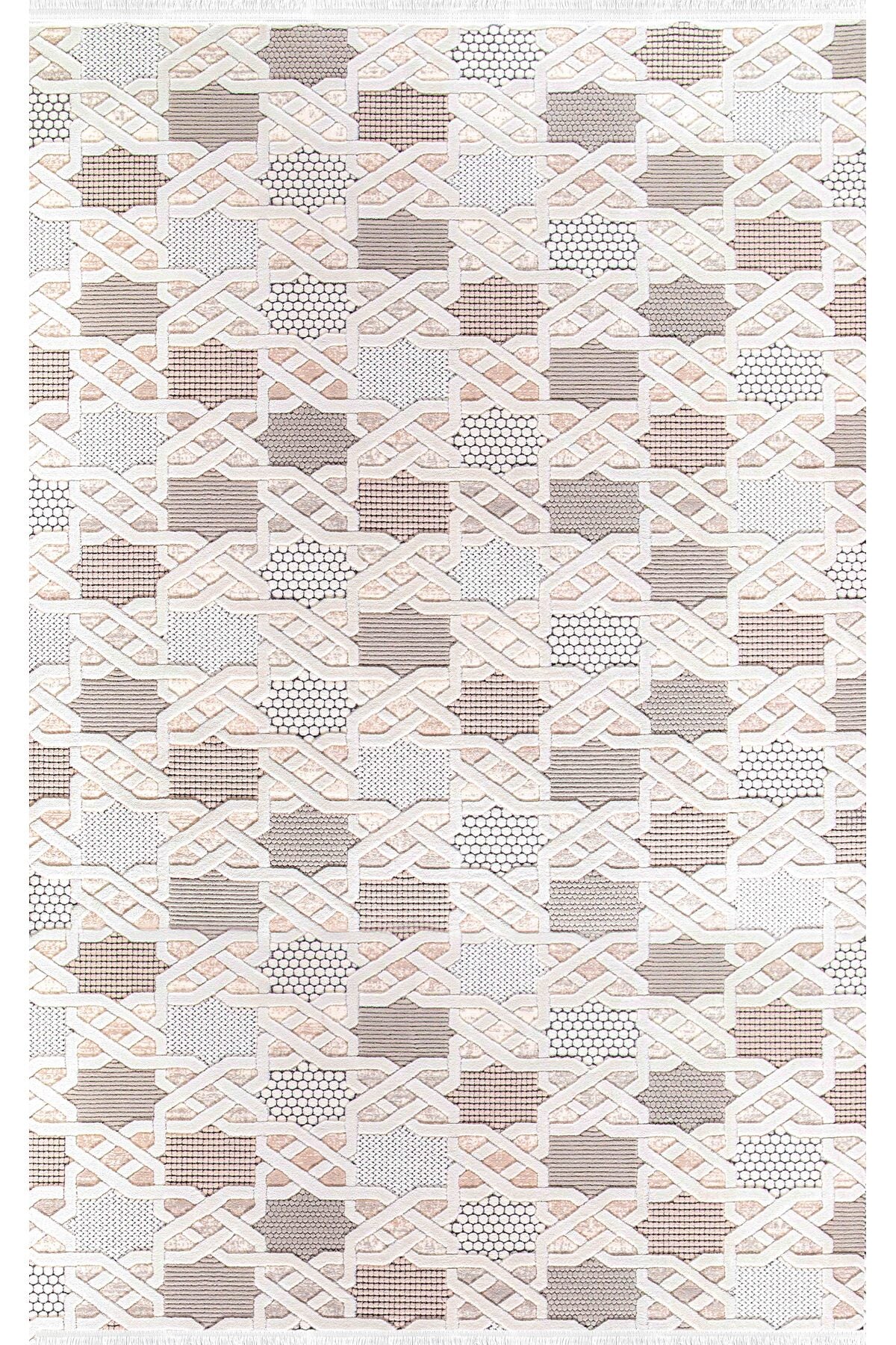 Bej, kahverengi ve beyaz renklerde geometrik desenli modern halı tasarımı