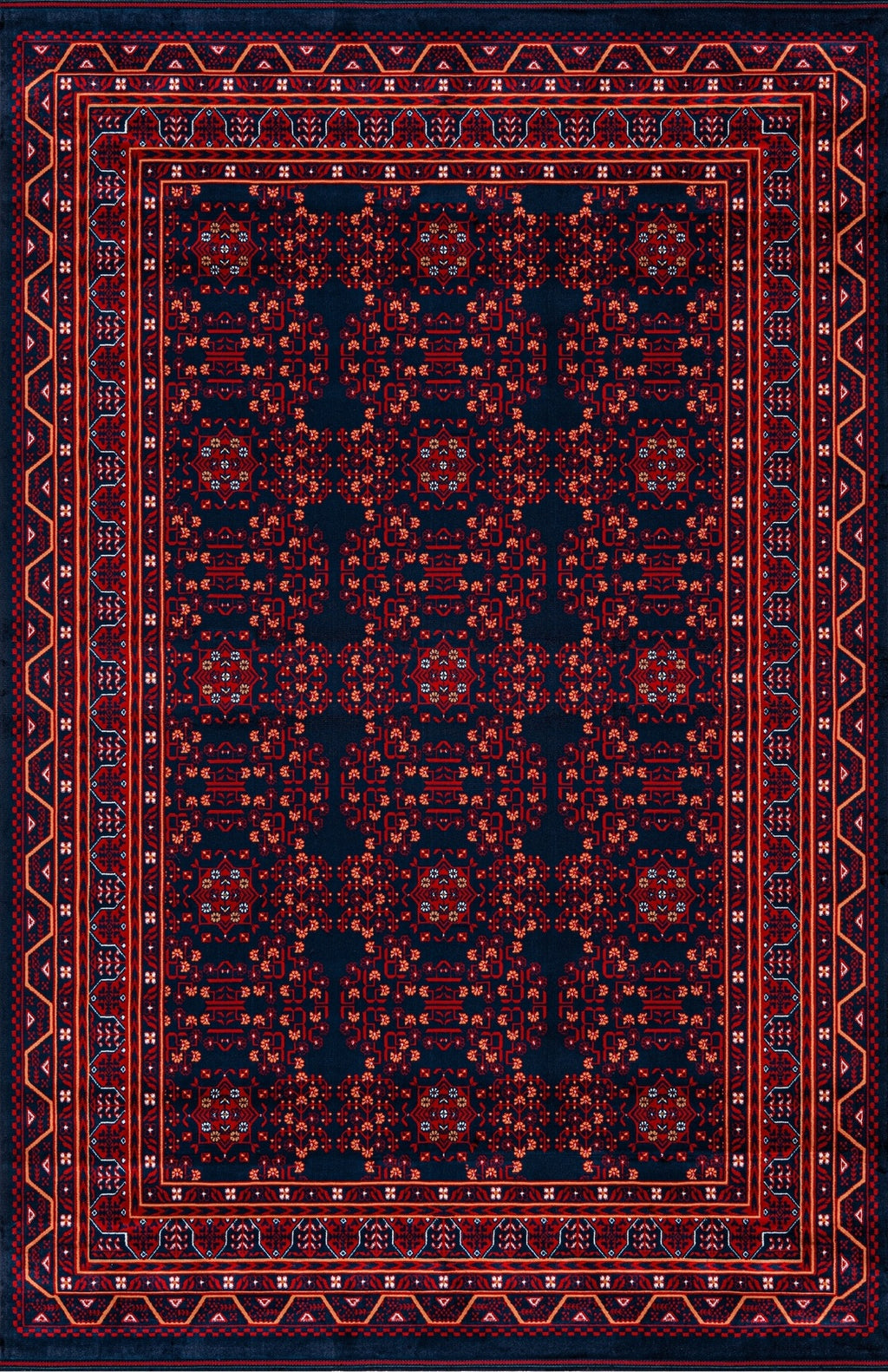 Koyu mavi zemin üzerinde kırmızı ve turuncu geometrik desenli geleneksel Hint halısı