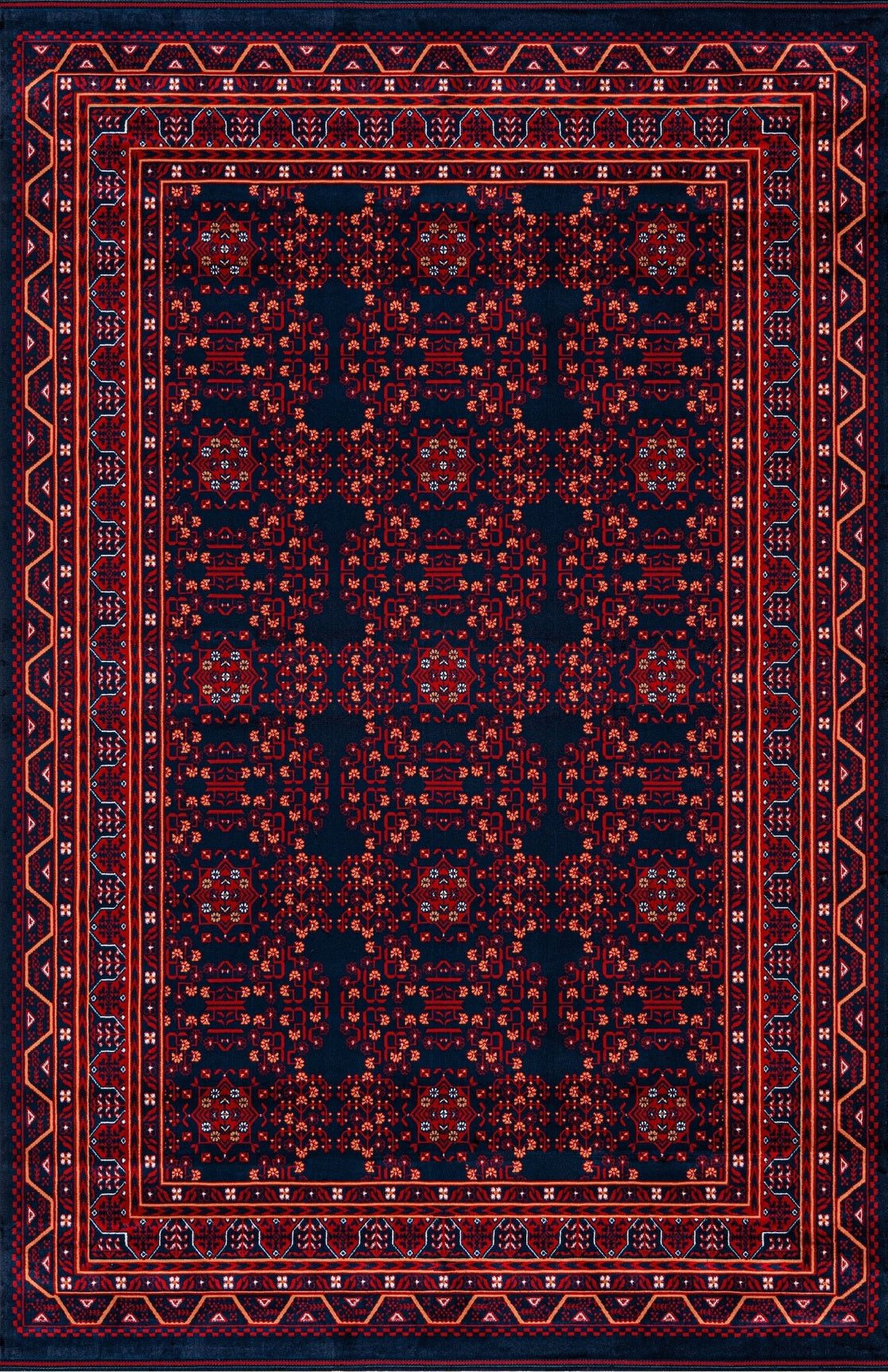 Koyu mavi zemin üzerinde kırmızı ve turuncu geometrik desenli geleneksel Hint halısı