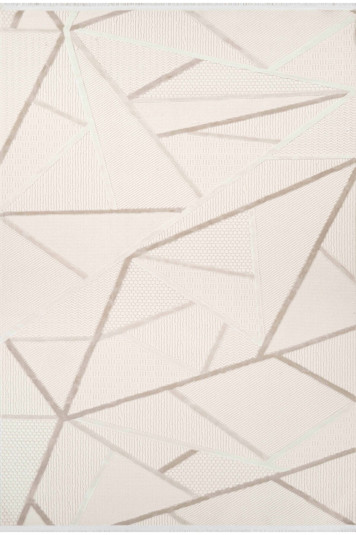 Bej tonlarında farklı dokulu geometrik desenli modern halı
