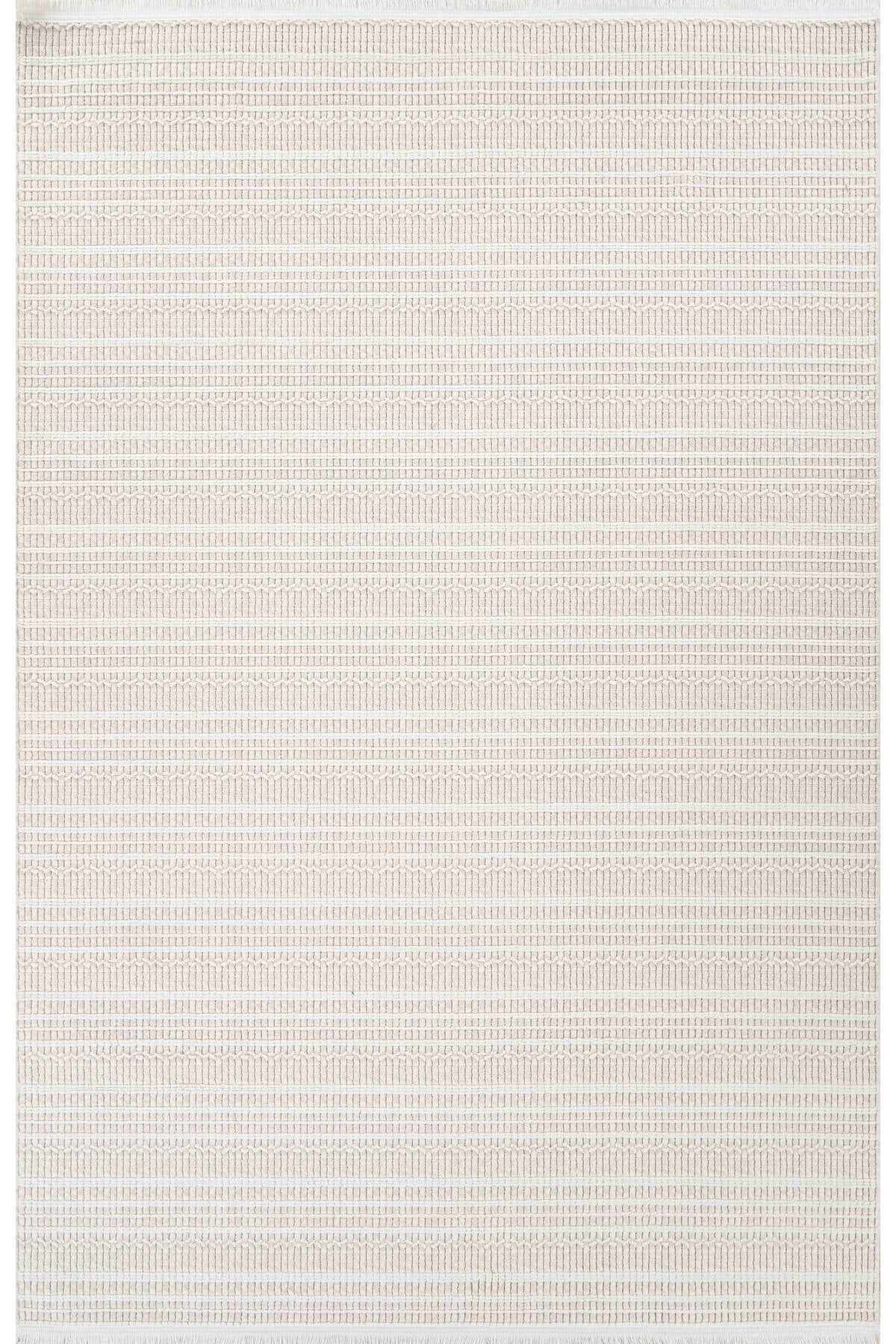 Bej ve beyaz renkli ince çizgili dokuma kilim halı