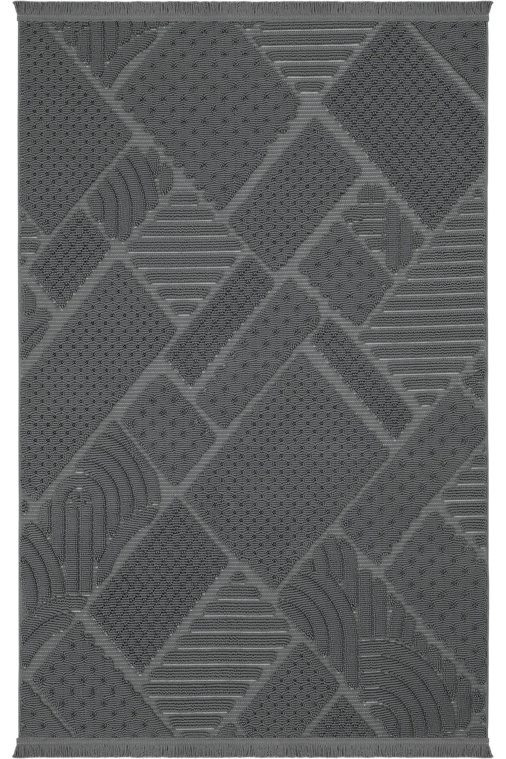 Gri renkli farklı dokulu geometrik desenlere sahip modern halı