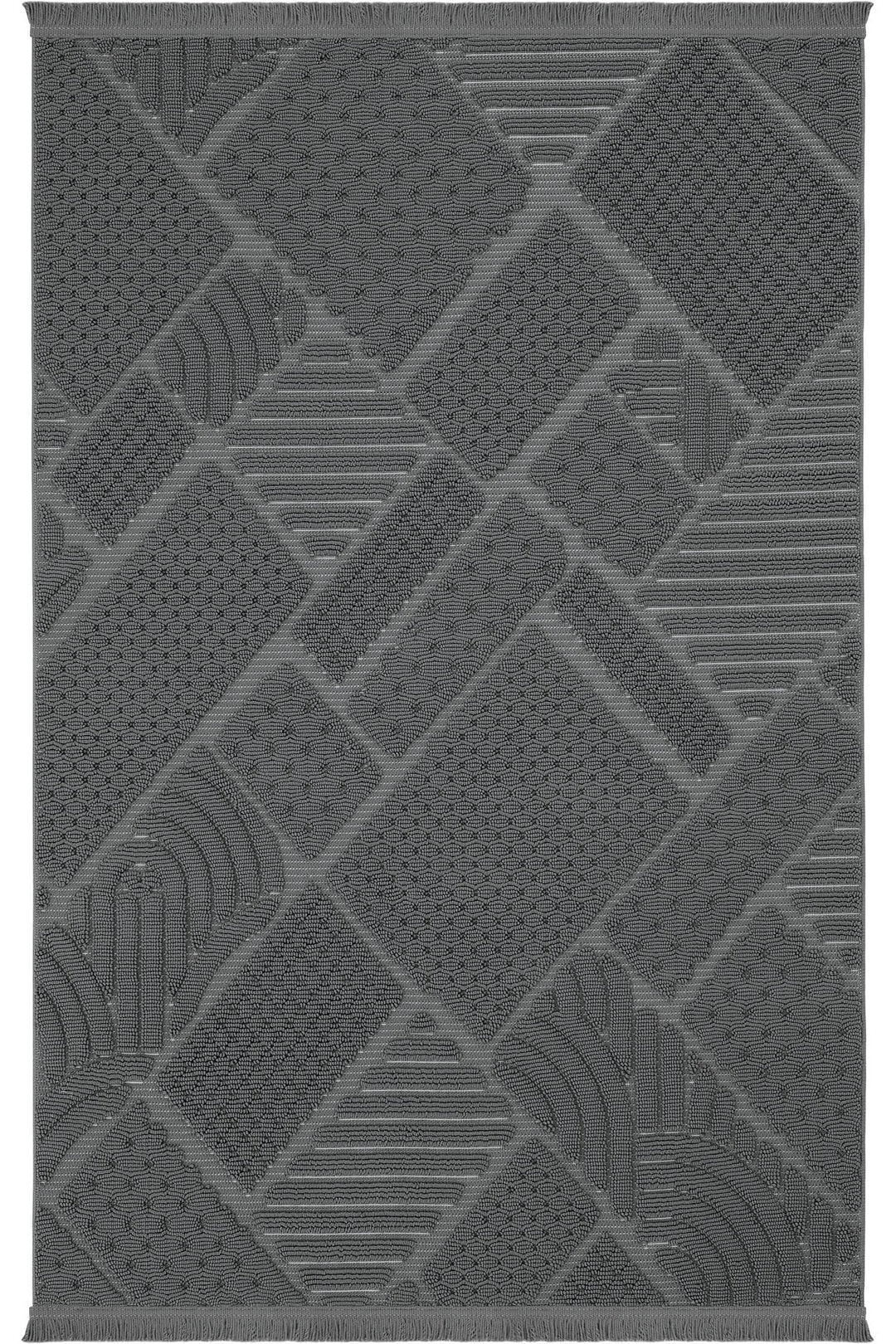 Gri renkli farklı dokulu geometrik desenlere sahip modern halı