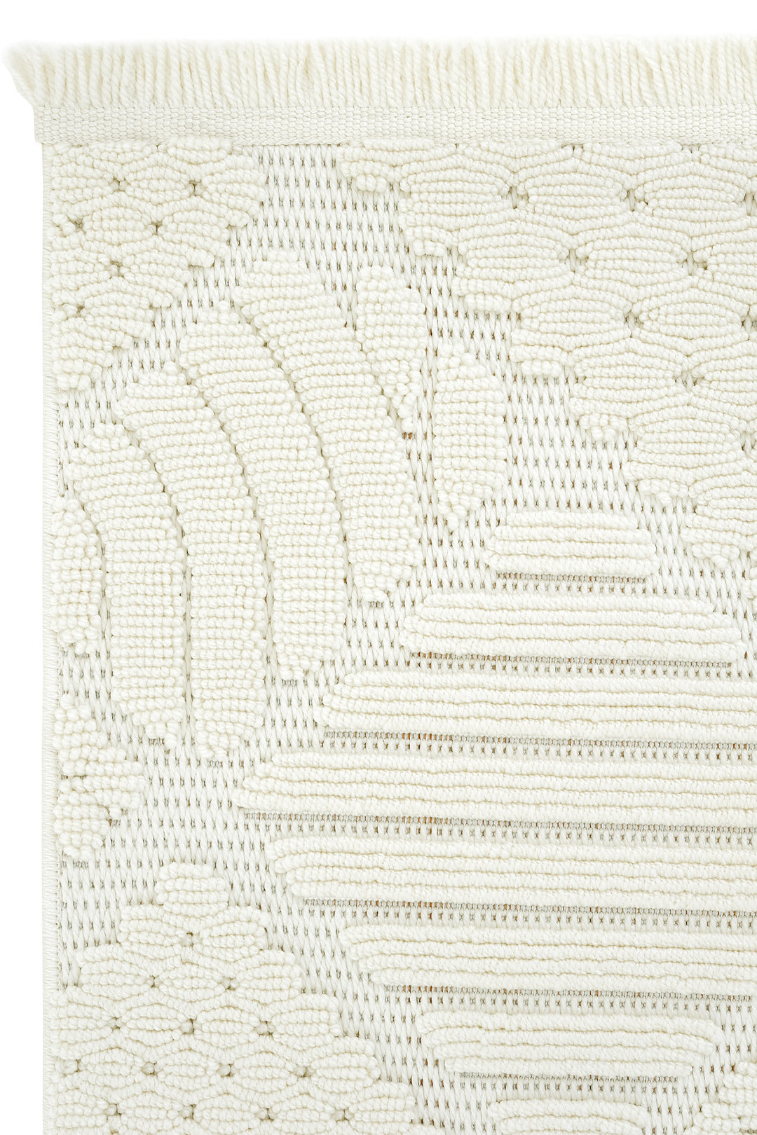 Beyaz pamuk makrome duvar süsü, geometrik ve bitkisel desenli dekoratif el yapımı