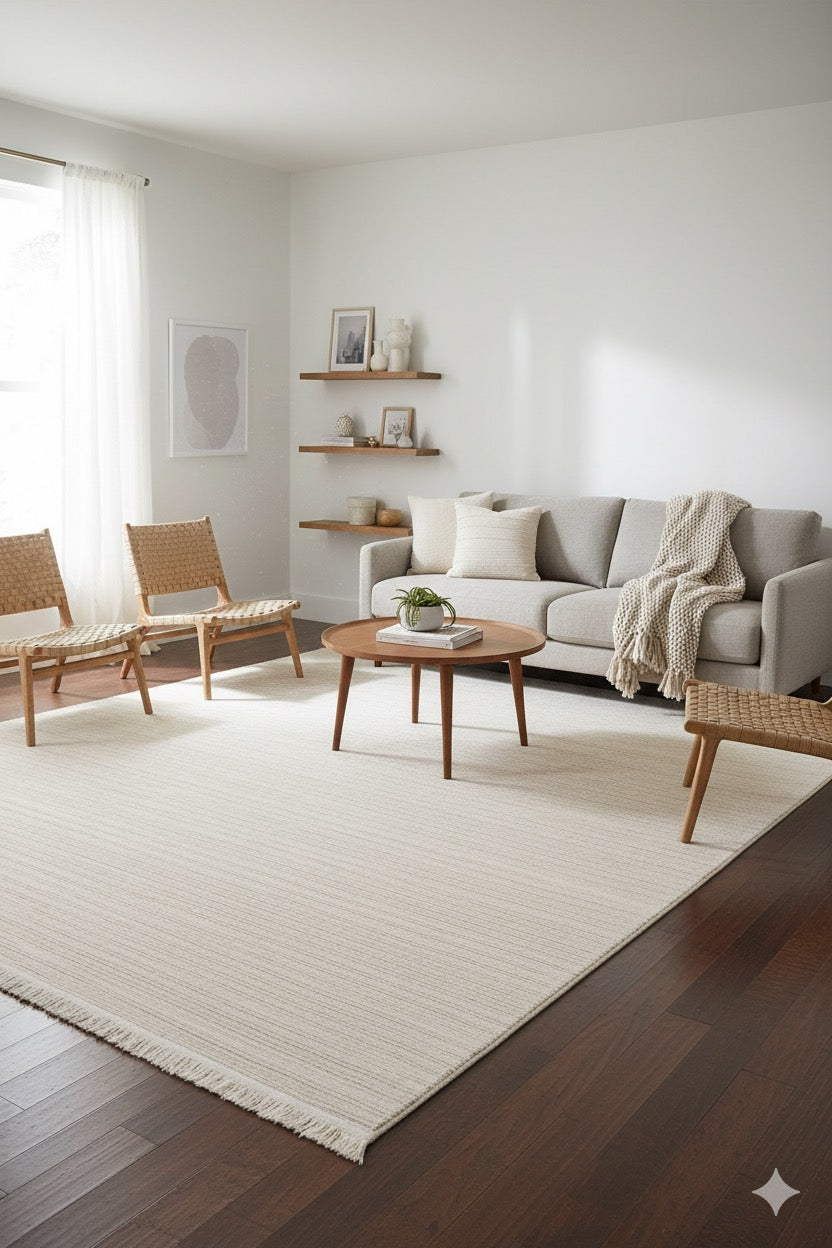 Modern minimalist oturma odası, açık renkli kanepe, doğal ahşap sandalyeler ve krem halı