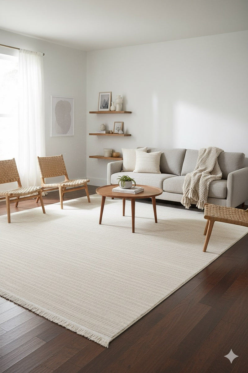 Modern minimalist oturma odası, açık renkli kanepe, doğal ahşap sandalyeler ve krem halı