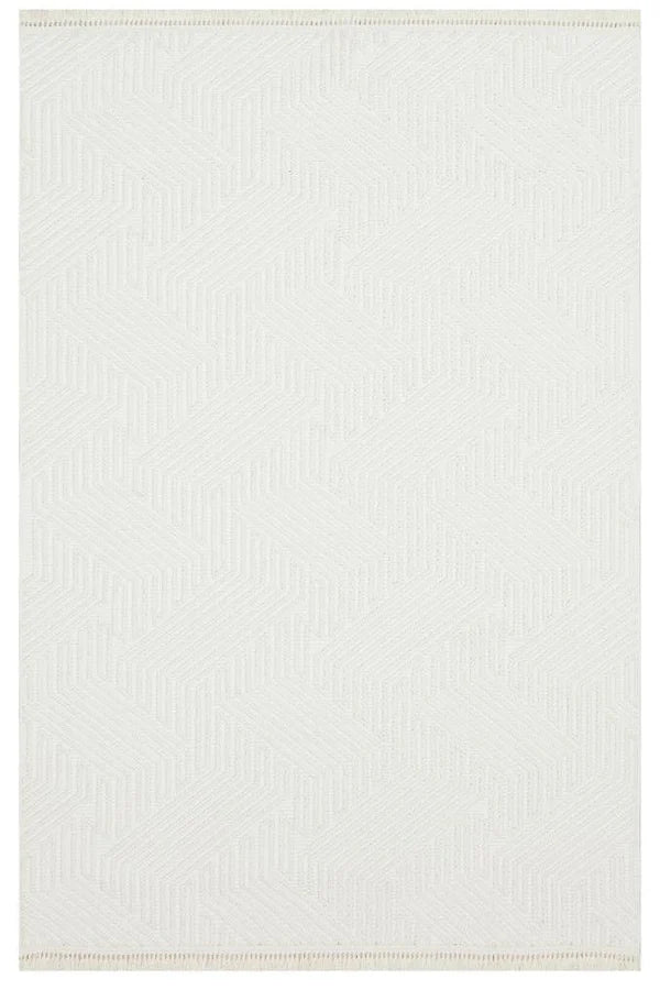 Beyaz, geometrik desenli modern dekoratif halı, minimalist tasarım