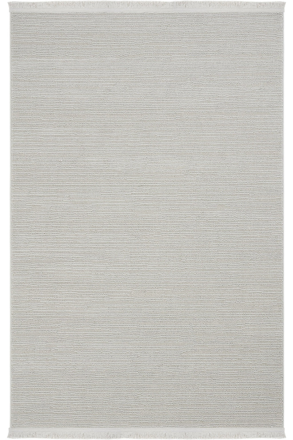 Açık gri ince çizgili modern dekoratif oturma odası halısı, kısa püsküllü kenarlar
