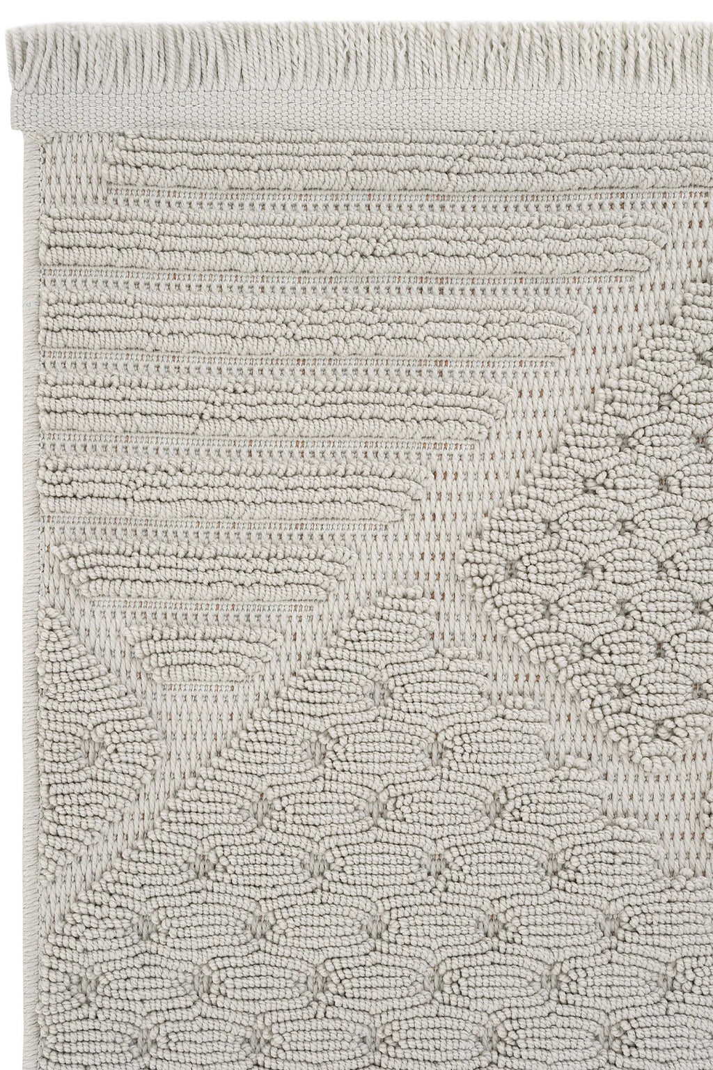 Krem rengi geometrik desenli dokuma kilim, yumuşak dokulu halı detayı