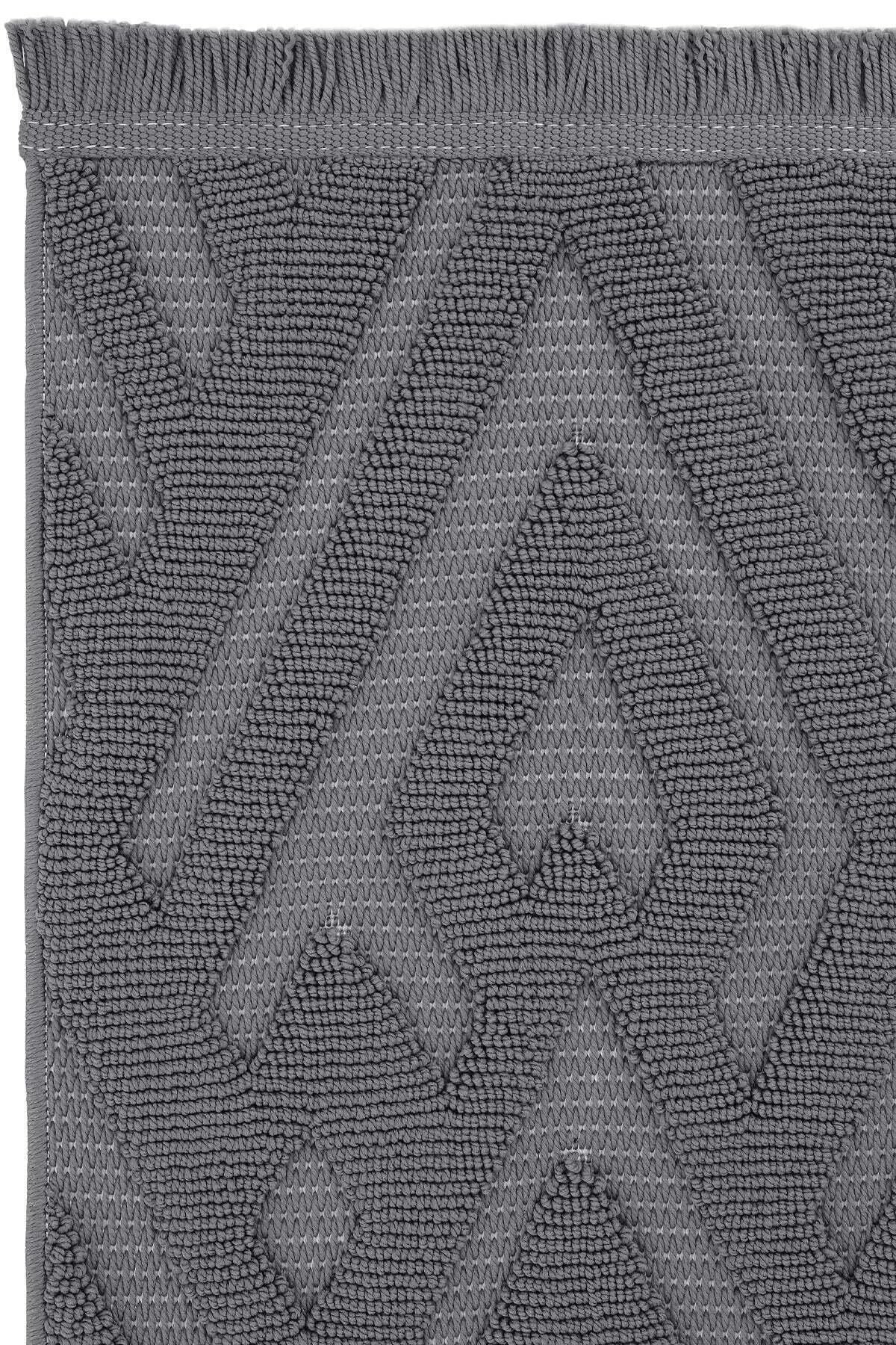 Gri zigzag desenli kalın dokulu pamuklu banyo paspası, üstte püsküllü kenar