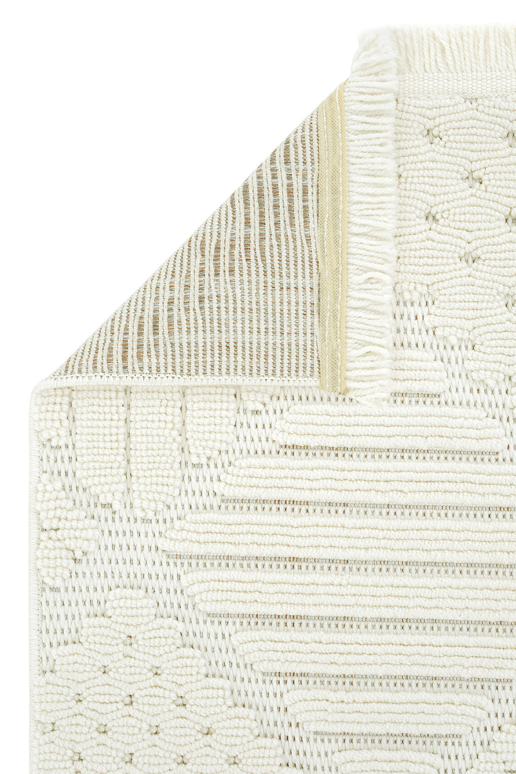 Krem rengi dokuma ve kabartmalı desen detaylı dekoratif makrome halı ucu