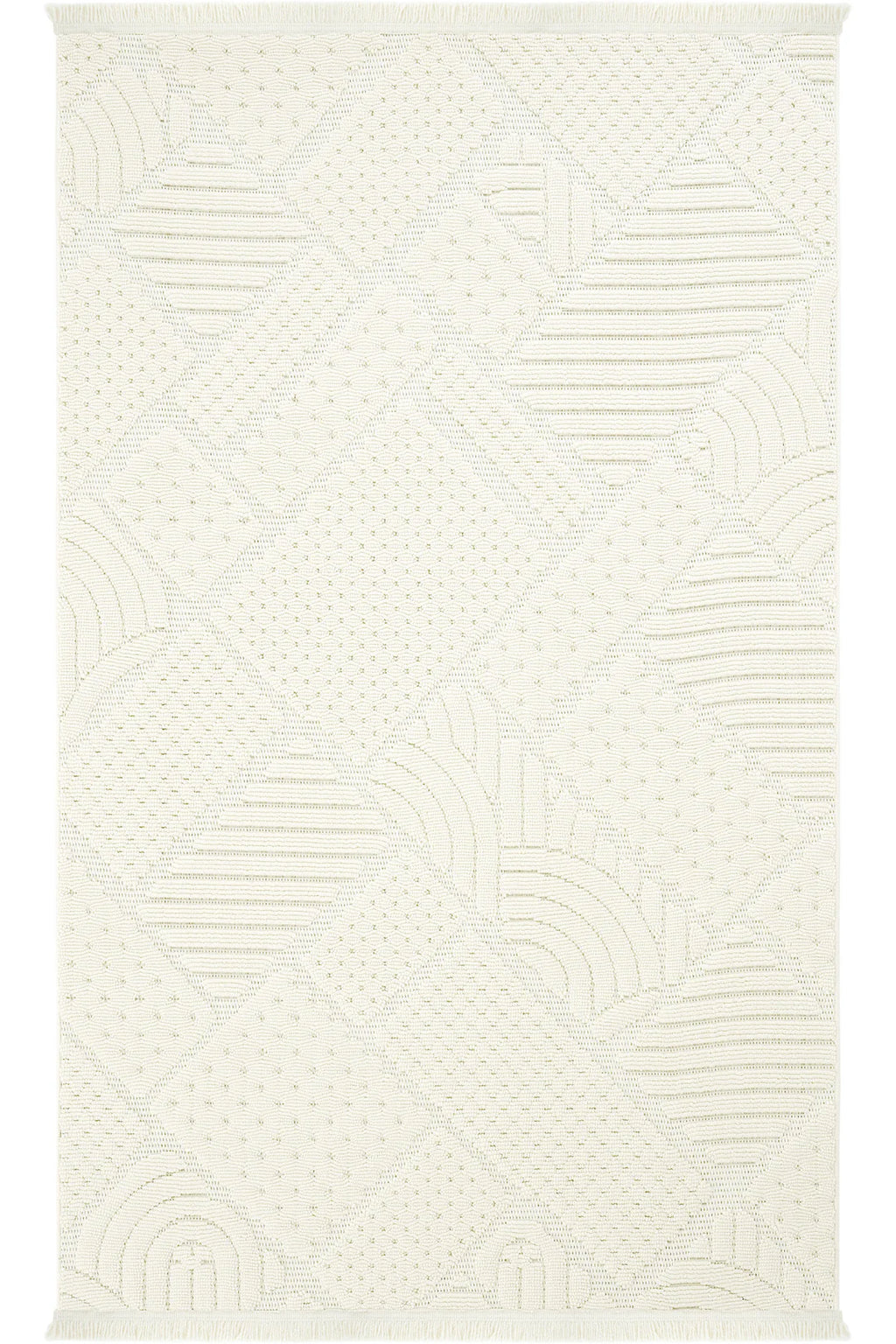 Beyaz renkli geometrik desenli dokuma modern alan halısı, püsküllü kenar