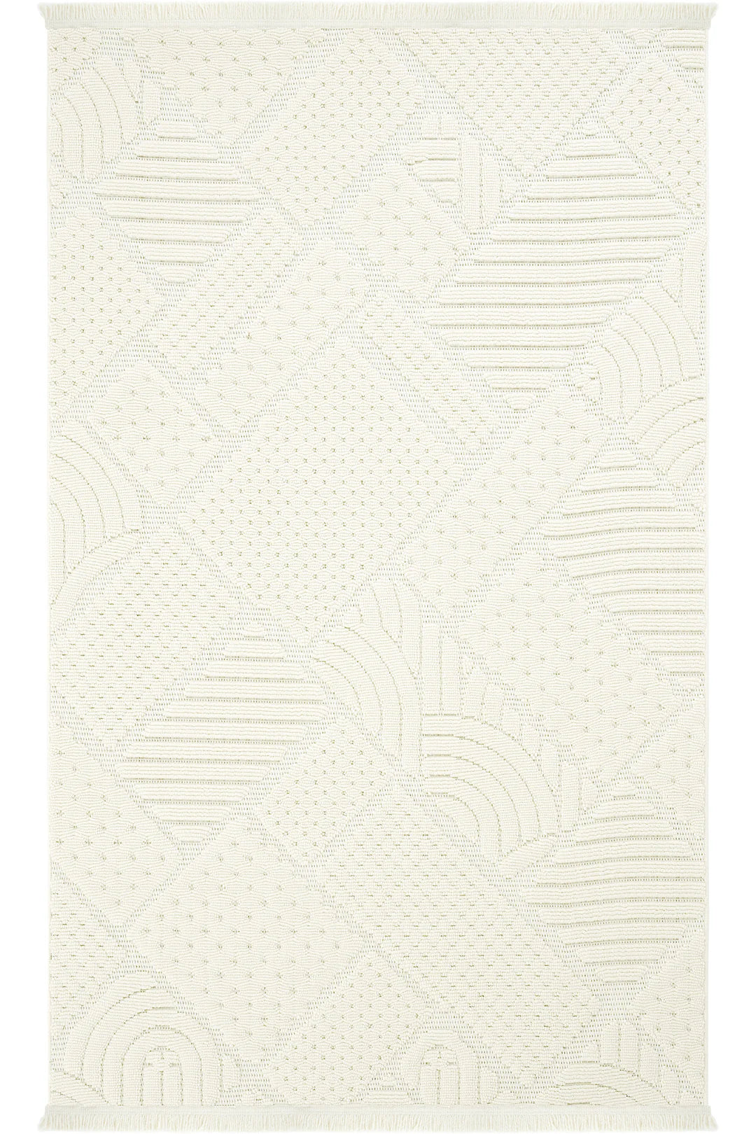 Beyaz renkli geometrik desenli dokuma modern alan halısı, püsküllü kenar