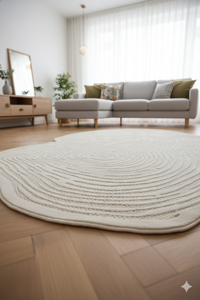 Modern salon dekorasyonu, bej desenli halı, gri köşe kanepe, ahşap TV ünitesi ve büyük ayna