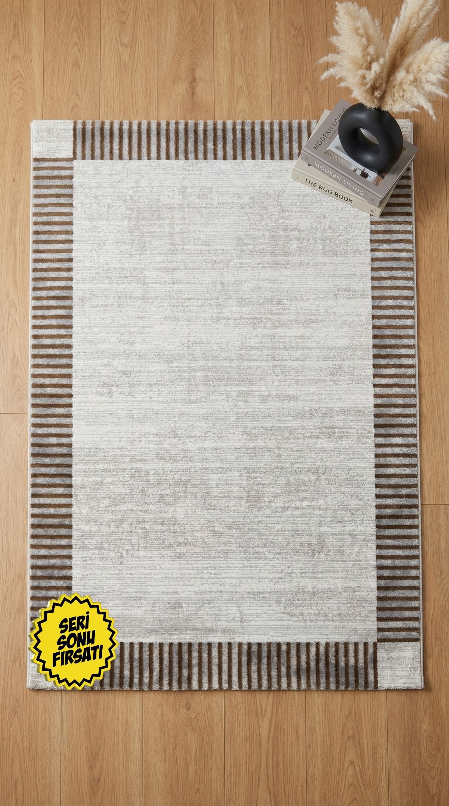 Zev Stone Serisi Çizgili Bordürlü Akrilik Halı st005 Krem 150x230 - %60 İndirimli Outlet