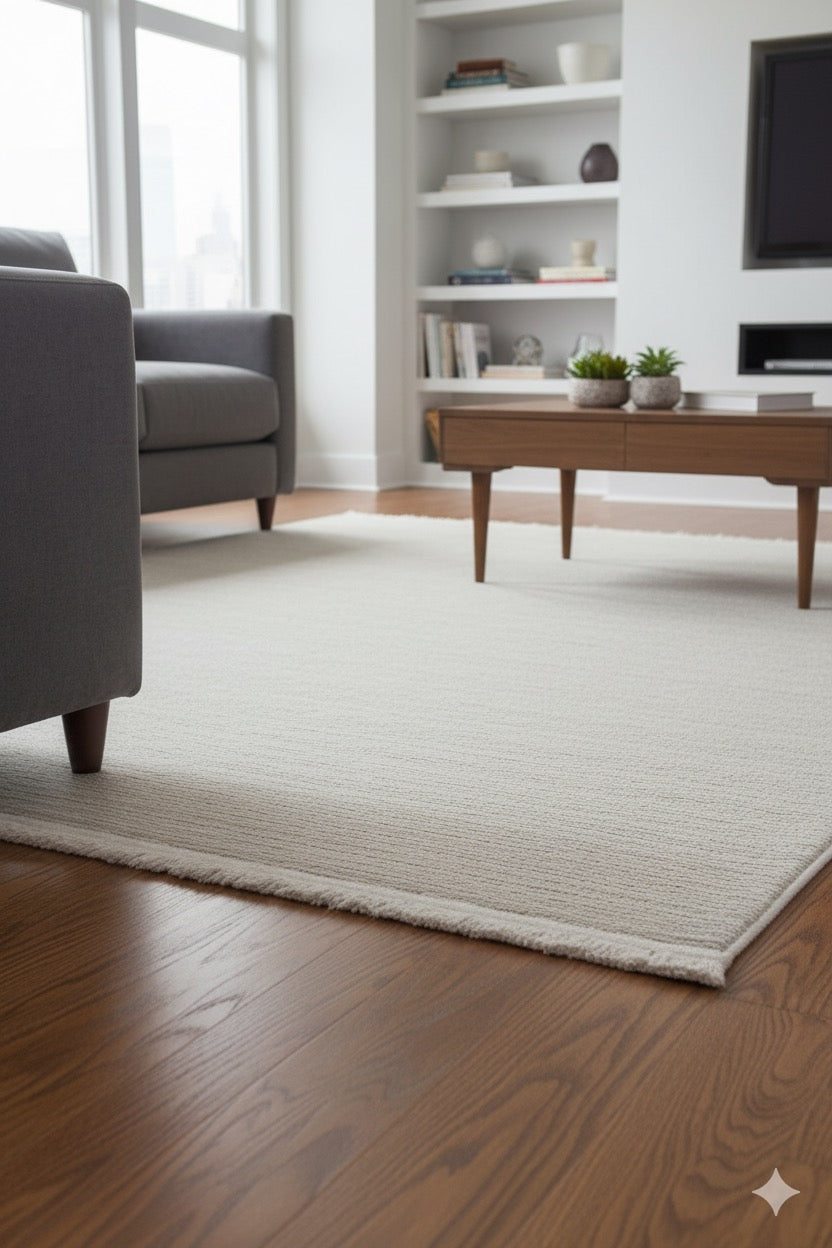 Modern oturma odasında gri koltuk, beyaz yumuşak halı ve ahşap sehpa