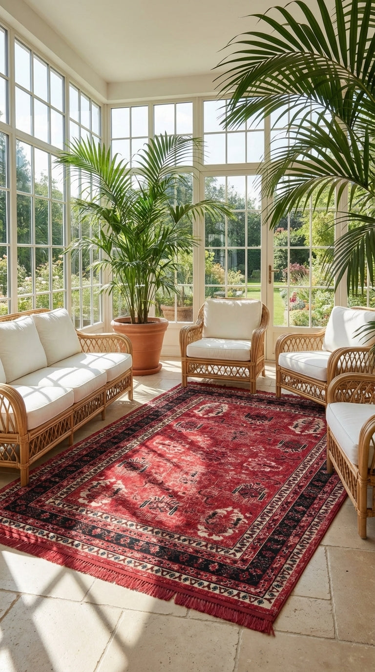 Geniş camlı salon, bambu koltuklar, beyaz yastıklar, kırmızı desenli halı ve büyük iç mekan bitkileri