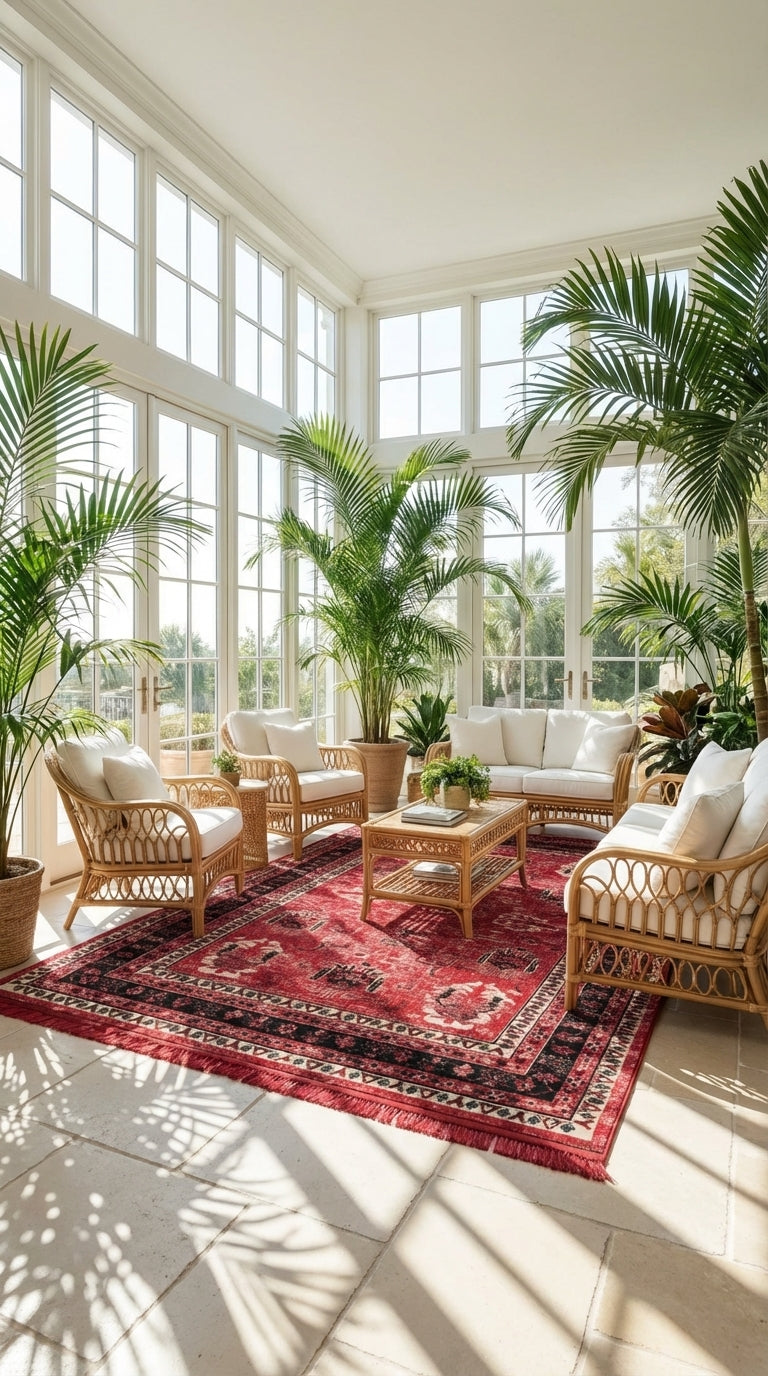 Geniş camlı odada hasır koltuklar, beyaz yastıklar, kırmızı desenli halı ve büyük yeşil bitkiler