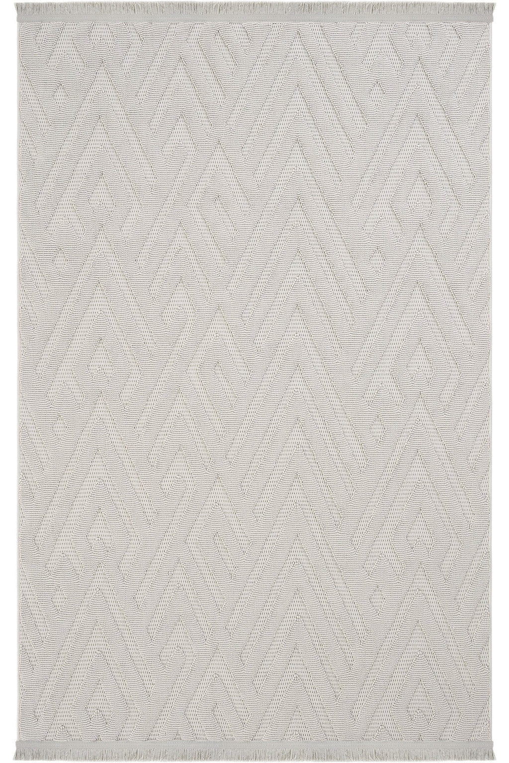 Bej renginde geometrik desenli, püsküllü modern dokuma halı