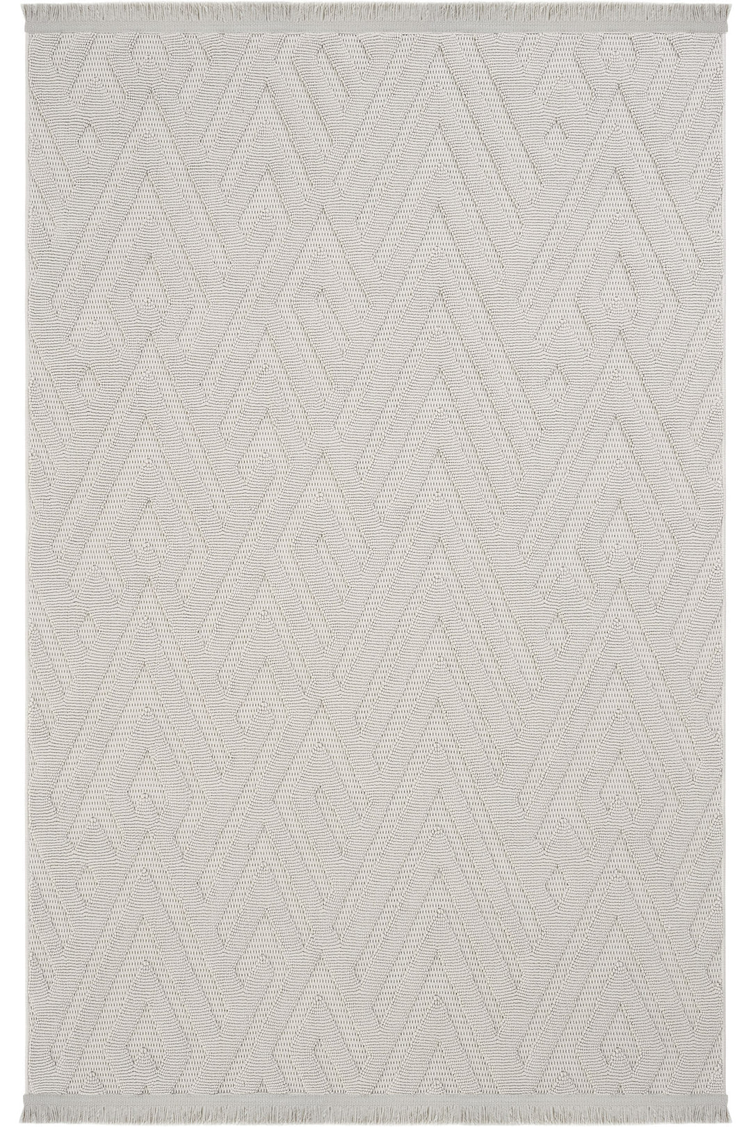 Bej renginde geometrik desenli, püsküllü modern dokuma halı