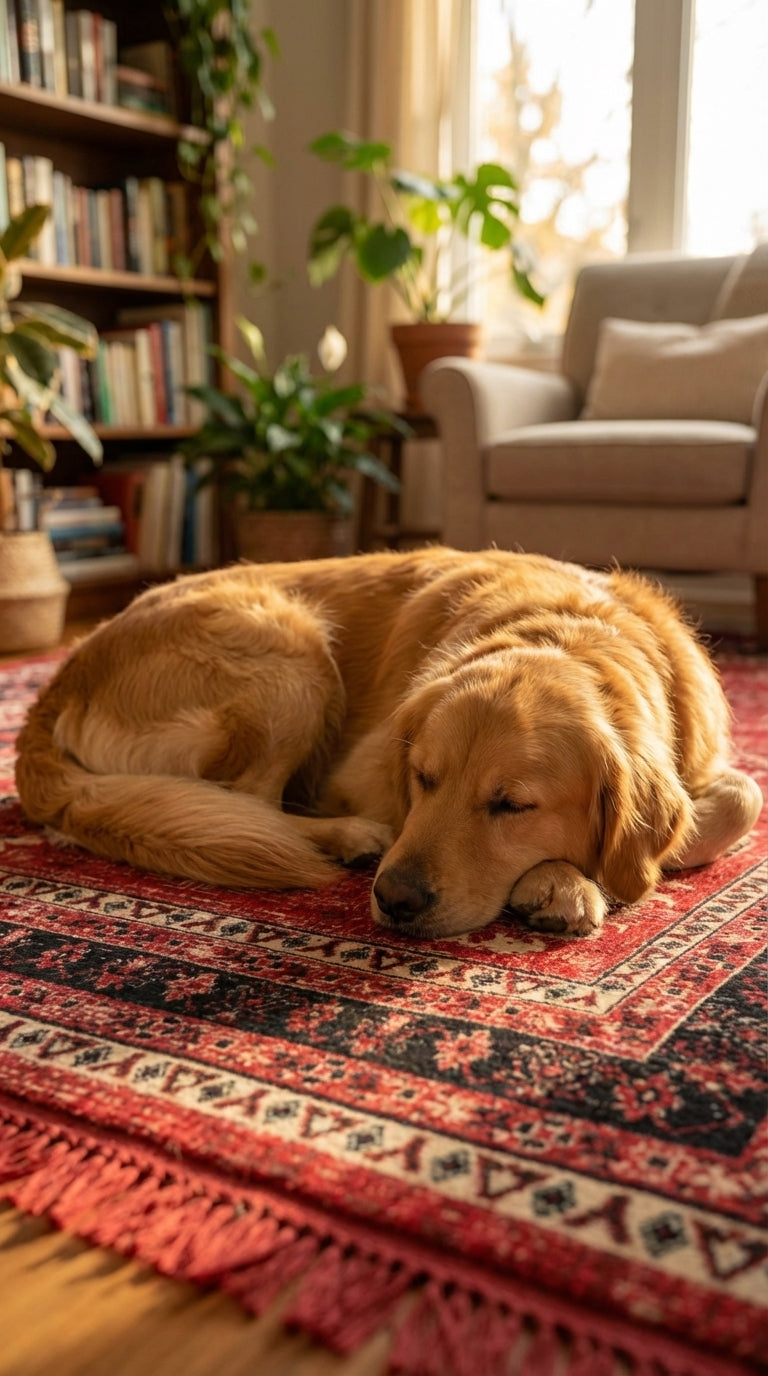 Kırmızı desenli halıda uyuyan altın renkli Labrador köpek, arka planda bitkiler ve koltuk