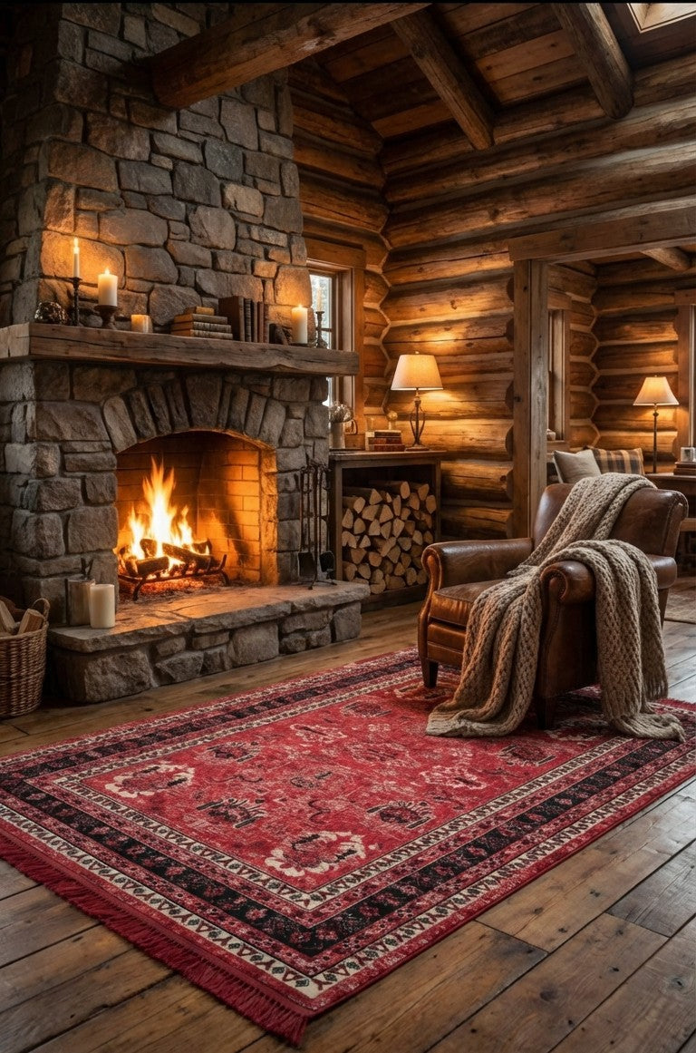 Rustik oturma odasında taş şömine yanında kahverengi deri koltuk ve kırmızı desenli halı