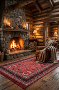 Rustik oturma odasında taş şömine yanında kahverengi deri koltuk ve kırmızı desenli halı