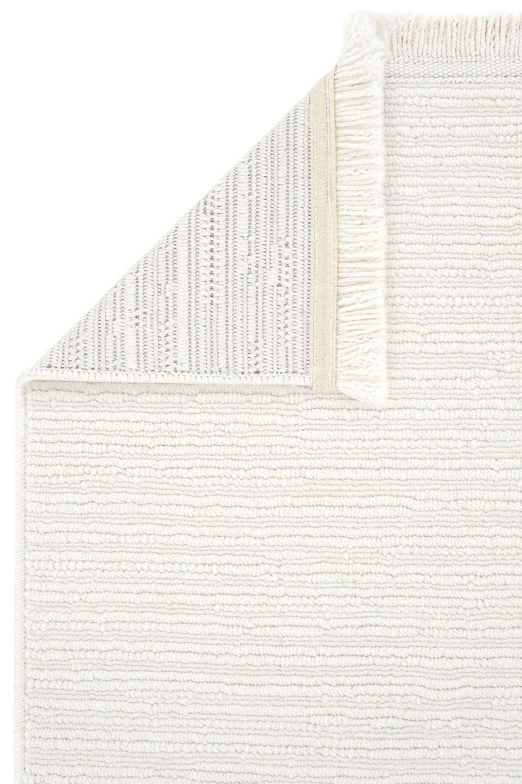 Beyaz renkli, dokulu kilim kumaşı ve kenarında püsküllü detay