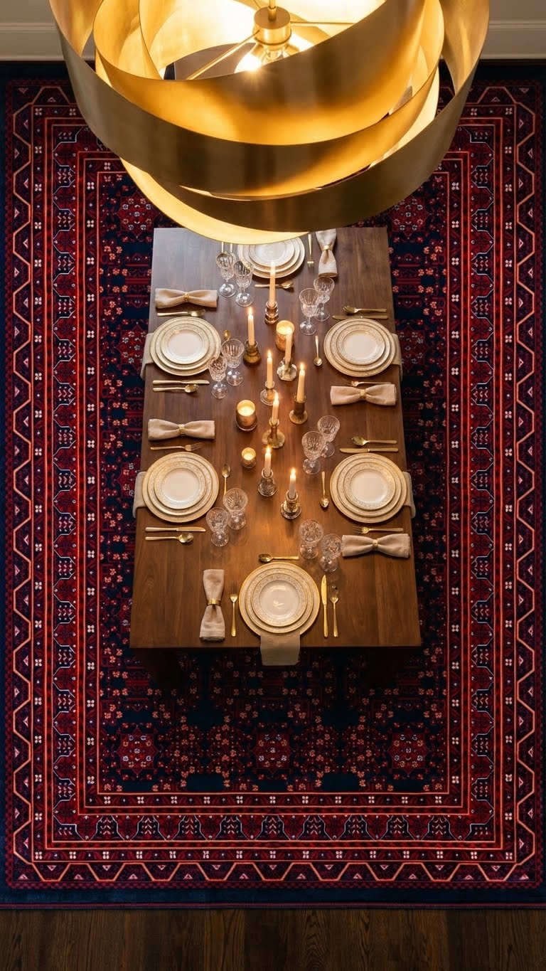 Şık yemek masası, mumlar, altın kaplama tabak takımları ve kristal bardaklarla klasik kırmızı halı üzerinde