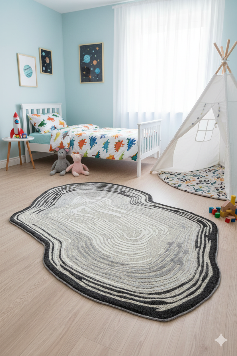 Çocuk odasında dinazor desenli yatak, uzay temalı resimler, beyaz oyun çadırı ve ahşap zemin üzerinde soyut halı