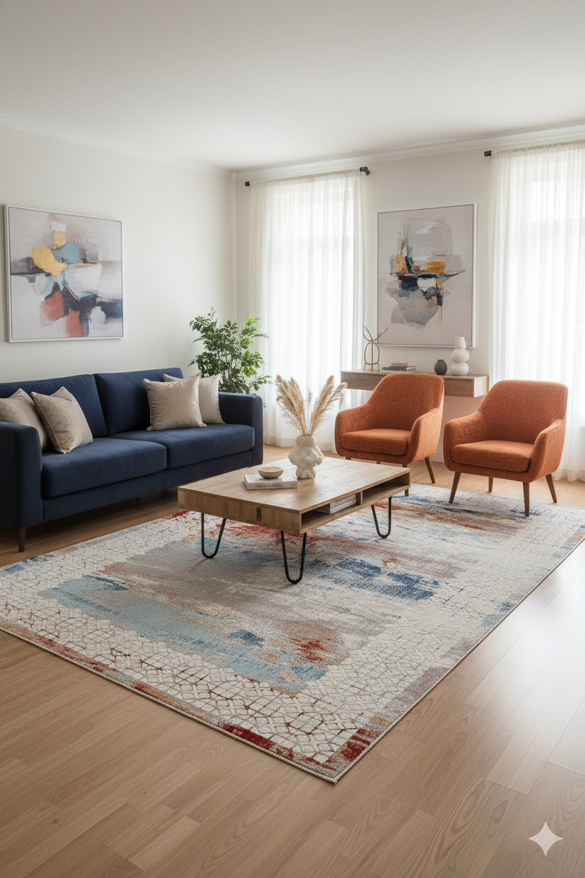 Modern salon, mavi kanepe, turuncu koltuklar ve desenli halı ile şık oturma odası