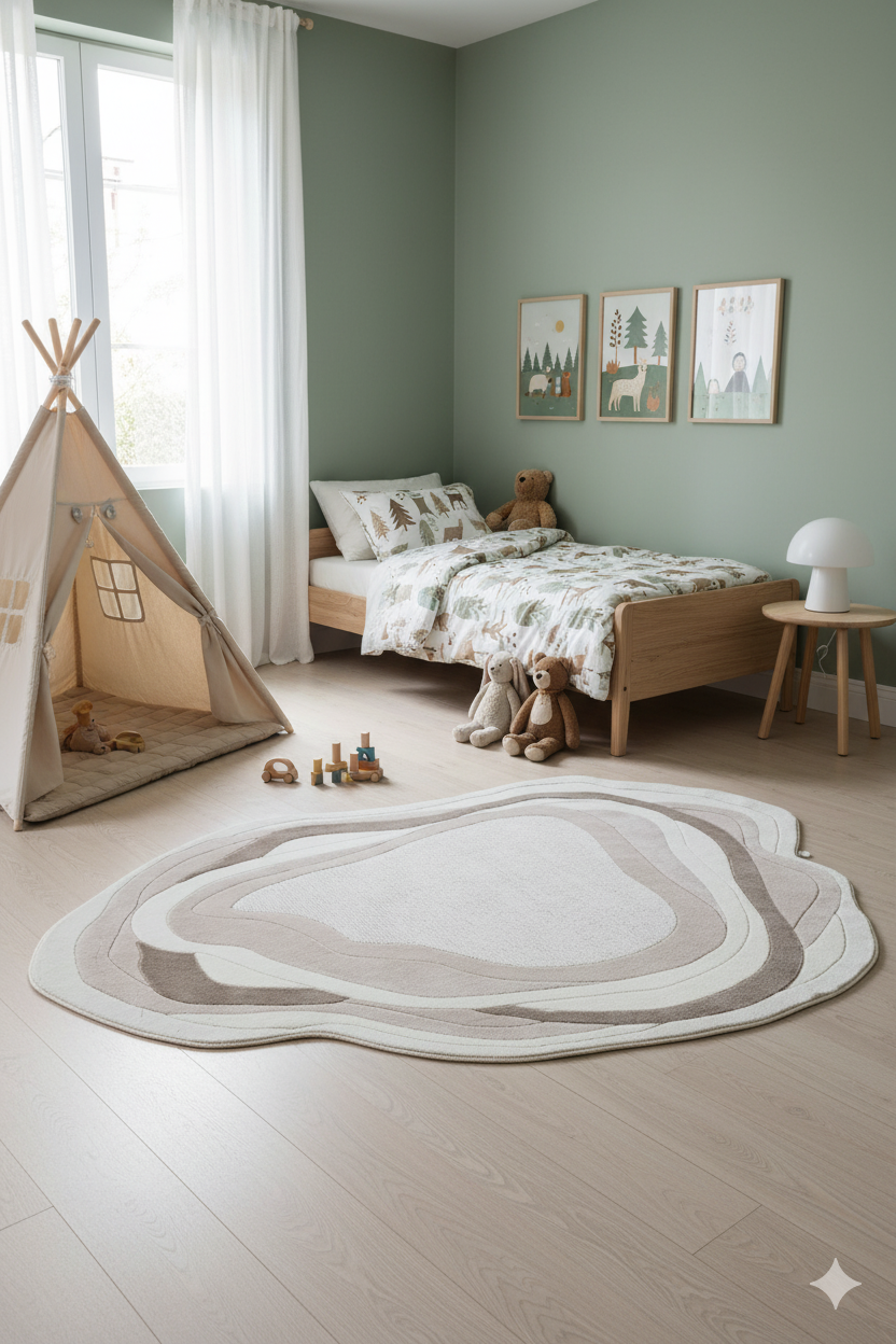 Yeşil duvarlı çocuk odasında ahşap yatak, doğal tonlarda oyun çadırı ve bej modern halı