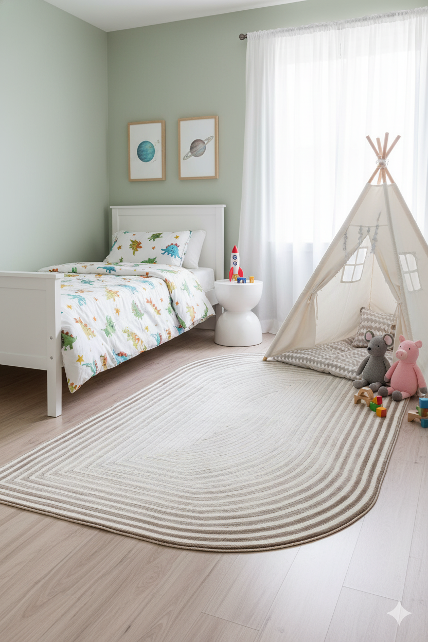 Çocuk odası beyaz yatak, hayvan desenli nevresim, oyun çadırı, oyuncaklar ve şeritli halı ile