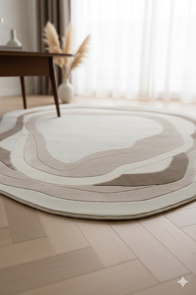 Modern tasarımda, bej ve kahverengi tonlarında oval desenli dekoratif halı