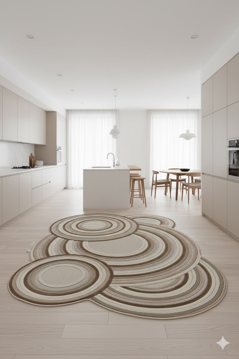 Modern açık mutfak ve yemek alanı, dairesel desenli bej kahverengi halı ile