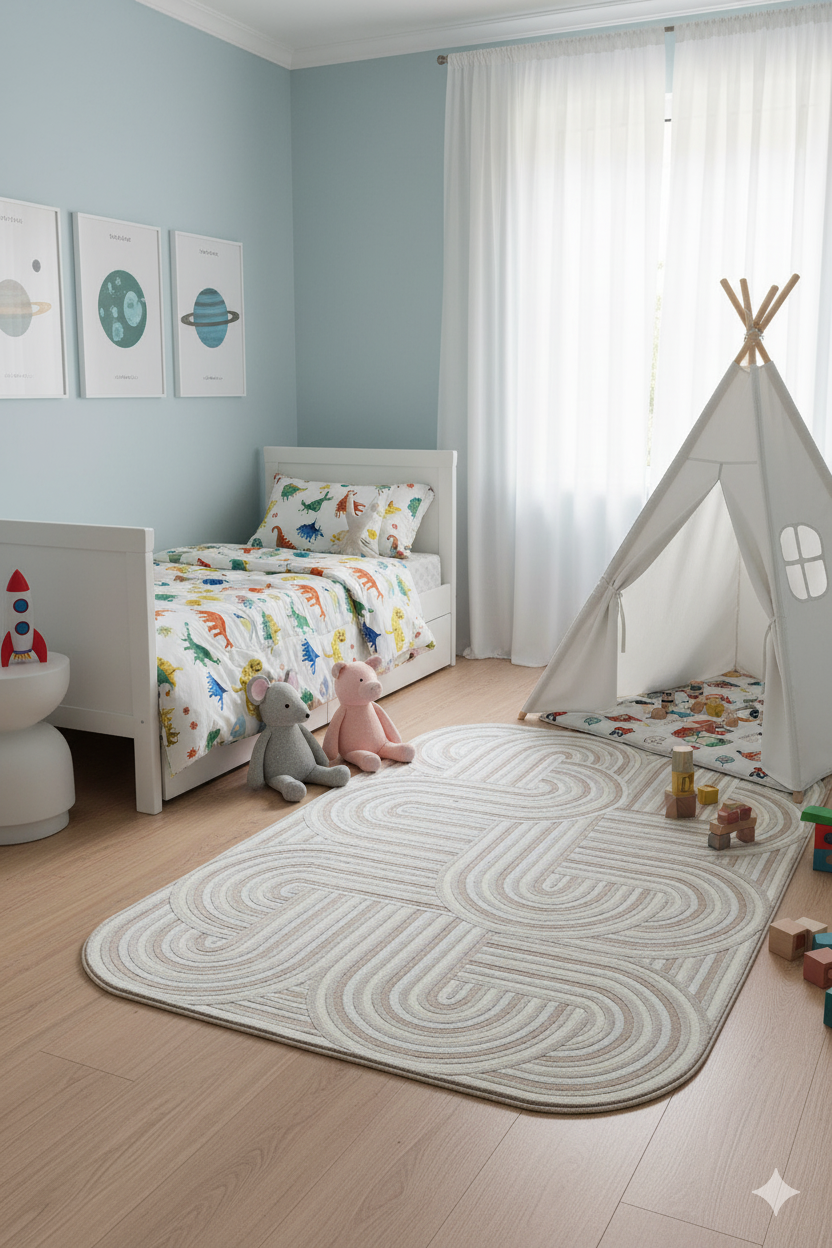 Çocuk odasında beyaz tek yatak, dinozor desenli nevresim, teepee çadır ve oyun halısı