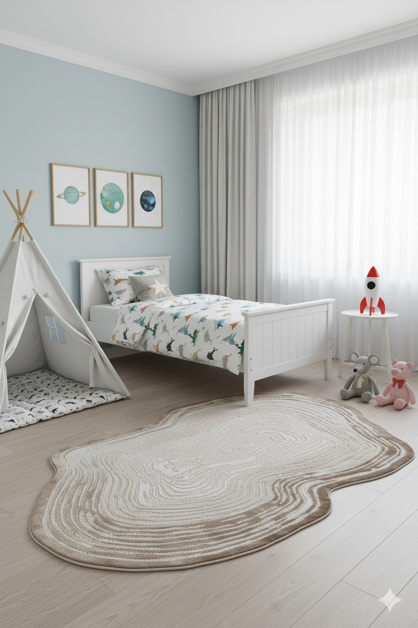 Dinozor desenli nevresimli beyaz çerçeveli çocuk yatak odası, uzay temalı tablo, oyun çadırı ve oyuncaklar