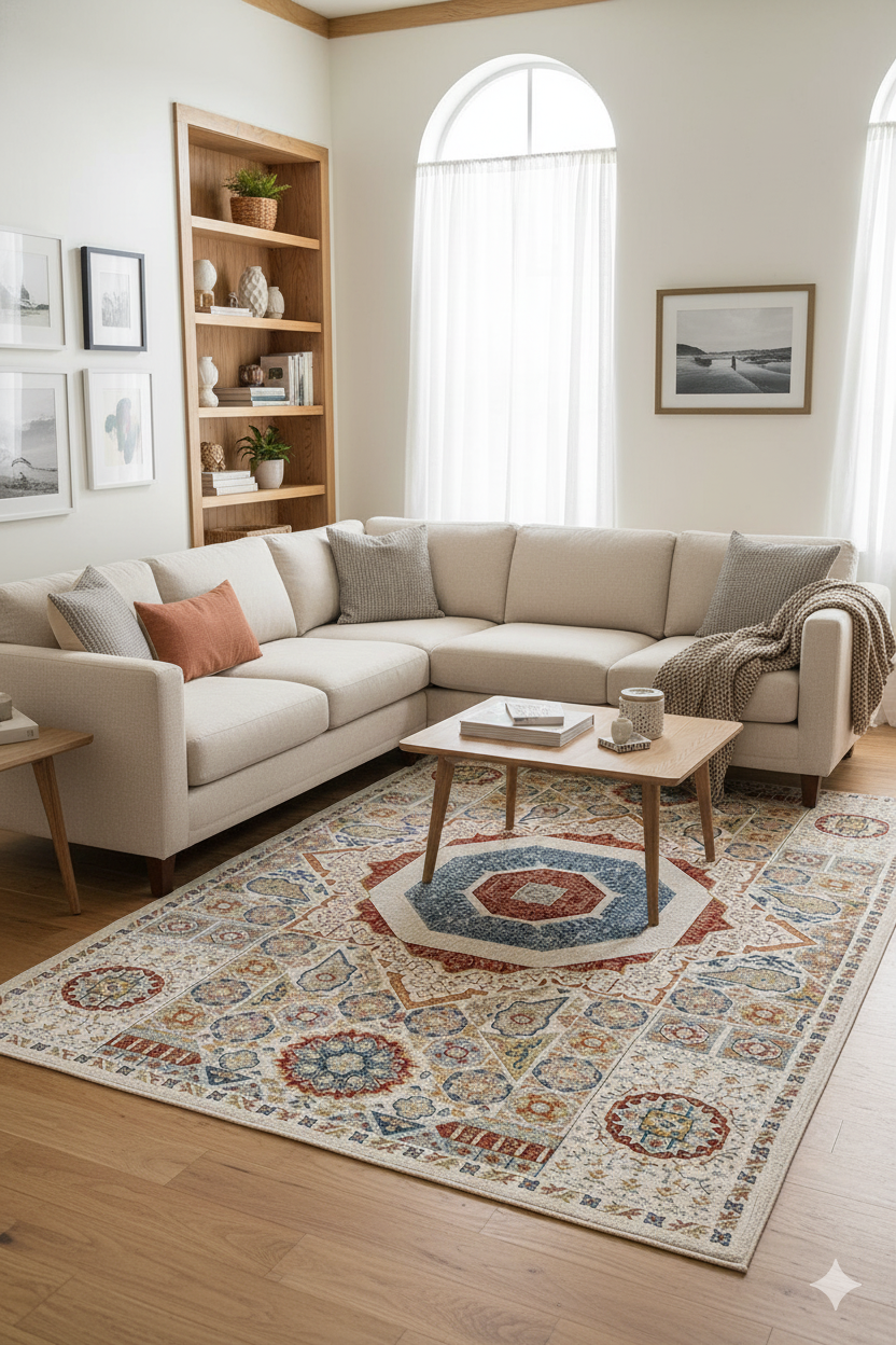 Modern bej köşe koltuk, desenli halı ve ahşap sehpa ile aydınlık oturma odası